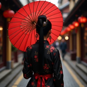 Black and dark red umbrella with Chinese hanfu girl
Back photo