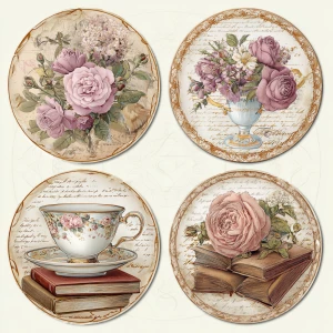 Victorian Mauve Rose Rococo Medallions – 4 Round Cards (Ornate F...