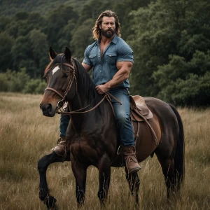 A bodybuilder man with a rugged beard and long brown hair, dress...