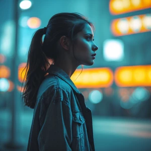 a girl alone looking far away, the background is whatever you wa...