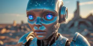 A shimmering post-apocalyptic plasma prowler, its eyes reflectin...