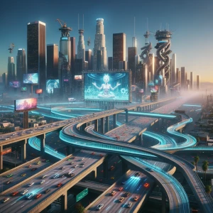 Visualize a dystopian Los Angeles reimagined as a high-tech raci...