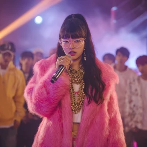 An K-pop female bali 19, on a rap battle stage, holding a microp...