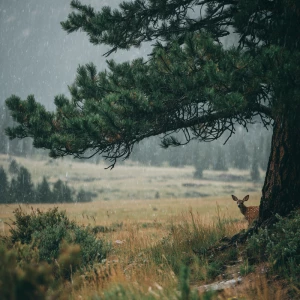 Heavy rain beginning to fall across Rocky Mountain meadow, baby...