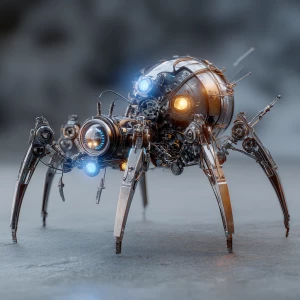 Generate a cybernetic spider droid with a cyberpunk aesthetic, s...