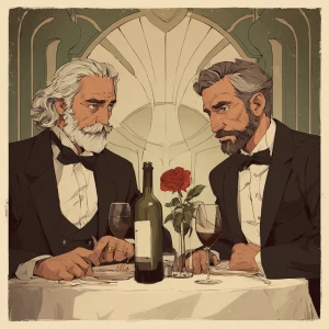 Make two bodybuilder men both gray hair one with long wavy hair...