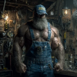 Imagine a muscular and very hairy handyman without a shirt, dres...
