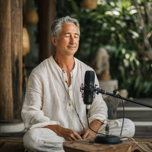 An experienced meditation coach is seated before a microphone in...