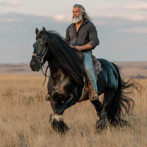 A bodybuilder man with a rugged beard and long gray hair, dresse...