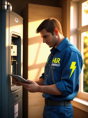 An H&R Energy technician wearing a branded uniform with the blue...
