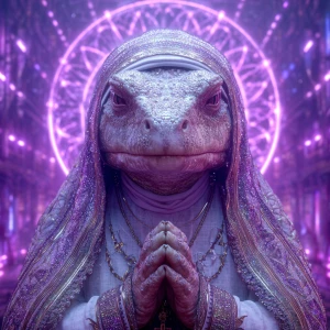 sparkling diamond encrusted frog dressed as a nun, in misty chur...