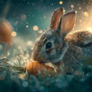 A charming baby rabbit exploring a softly shining golden carrot...