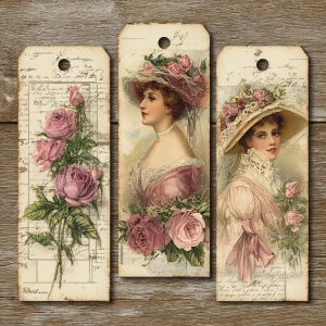Victorian Mauve Rose Portrait Bookmarks – 3 Tall Tags (Antique R...