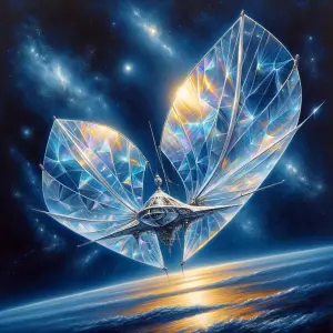 A shimmering holographic solar sailer glides gracefully across a...