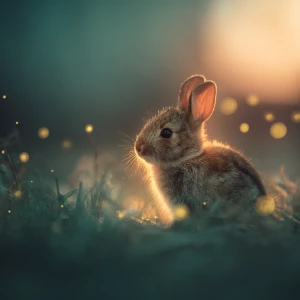 A tiny baby rabbit sitting in soft grass at night, illuminated b...