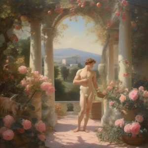 A Rococo style painting in muted pastel colours of an ethereal,...