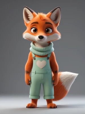 A full-body render of Milo the young fox standing calmly on the...