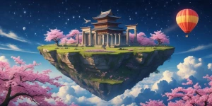 A whimsical scene of a floating island in the sky, covered in an...