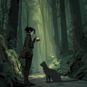 A dark green forest with tall trees, where a brunette woman with...