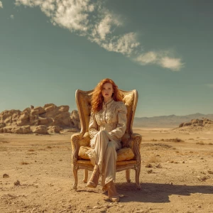 Redhead supermodel sitting on a luxury chair in the middle of th...