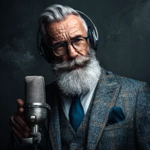 Generate an image of a sophisticated, mature British man exuding...