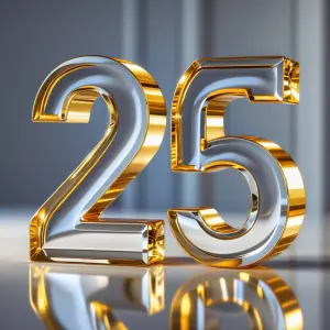 Large volumetric numbers 25 with on the front a mirror reflectio...