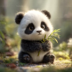 “Ultra-cute baby panda sitting in soft morning light, holding a...