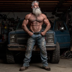 A bodybuilder with big arms, big chest hairy chest wearing denim...