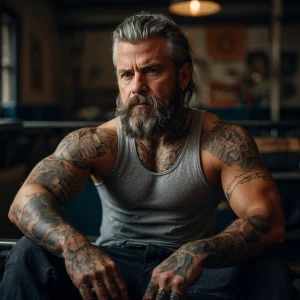 The image features a shirtless man with a muscular and beefy bui...