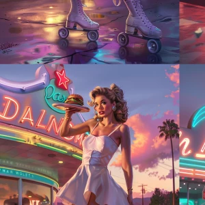 1950s retro pin-up illustration, glamorous roller-skate waitress...