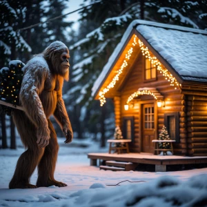 A hairy, mysterious Sasquatch, its figure nearly camouflaged ami...