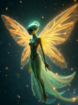 A celestial being with shimmering, iridescent wings in hues of g...
