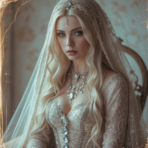A hauntingly beautiful uncanny witch sits solemnly in a pastel-t...