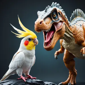 Create an image of a tiny, adorable cockatiel bravely facing off...