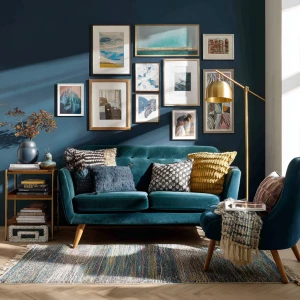 Create an eclectic living room editorial scene with the followin...