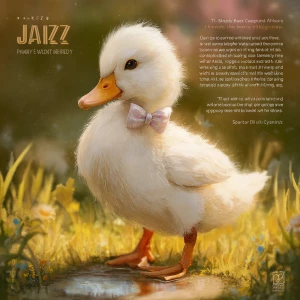 Prompt:
“A tiny baby white call duck named Jazz, wearing a cute...