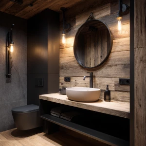Design a small bathroom with wooden walls and ceiling, matte bla...