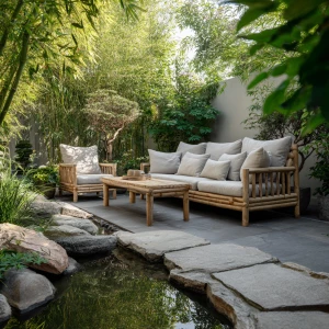 Create a serene outdoor lounge with minimalist bamboo furniture,...