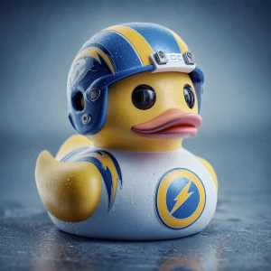 Create a dynamic 3D image of a playful rubber duck sporting a fo...