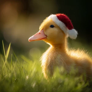 A yellow feathered baby call duck ( short bill) wearing a Santa...