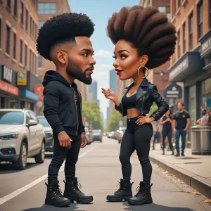 Create a caricature cartoon-style urban neighborhood: An African...