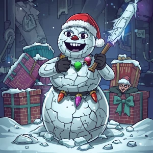 Enforcer snowman with cracked icy body, wearing bullet belts mad...