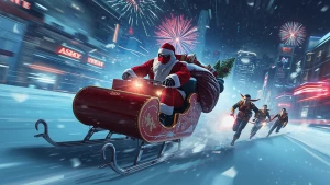 Create an epic Christmas banner in GTA Vice City style: Santa in...