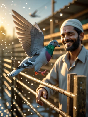 Dynamic 3D cinematic moment of the gray pigeon flying back to th...