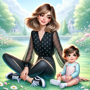 create a image of a mother with medium lengh hair and brown eyes...