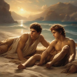 Create an image of two young barechested boys named Achilles and...