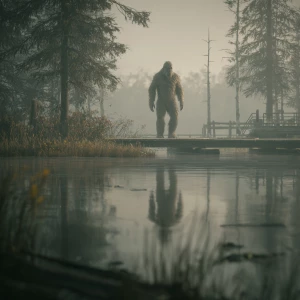 A humanoid looking hair covered sasquatch standing by a dam next...
