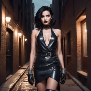 A mesmerizing woman with sleek, jet-black hair cascading in loos...