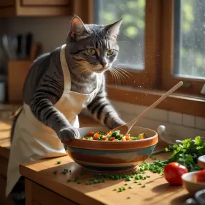 The same small gray tabby cat with green eyes and cream apron st...