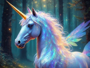 A shimmering ethereal unicorn with opalescent fur that glows wit...